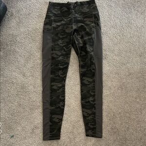 Fabletics Dark Camouflage Leggings with Gray Panels